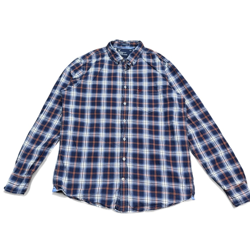 American Eagle Button Down Shirt Mens Size Large Tall Athletic Fit‎ Blue Plaid